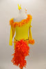 Yellow velvet long sleeved, one shoulder dress has fringe skirt and orange marabou trim. Back has a long orange feather boa tail. Comes with matching hair accessory. Back