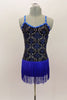 Blue camisole style dress has glitter brocade pattern & electric blue fringe skirt. Has back cross straps covered in crystals. Comes with hair accessory. Front