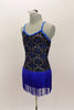 Blue camisole style dress has glitter brocade pattern & electric blue fringe skirt. Has back cross straps covered in crystals. Comes with hair accessory. Side