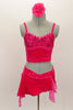 Pink velvet camisole half-top has beaded lace bust with. Matching bottom has asymmetrical skirt with side chiffon inserts & crystal covered waistband. Front