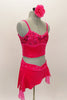 Pink velvet camisole half-top has beaded lace bust with. Matching bottom has asymmetrical skirt with side chiffon inserts & crystal covered waistband. Side