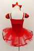 Red princess-cut camisole leotard has floral pattern bust area and matching arm poufs. There is a red pull-on tutu skirt with ribbon edging & matching hair bow. Back