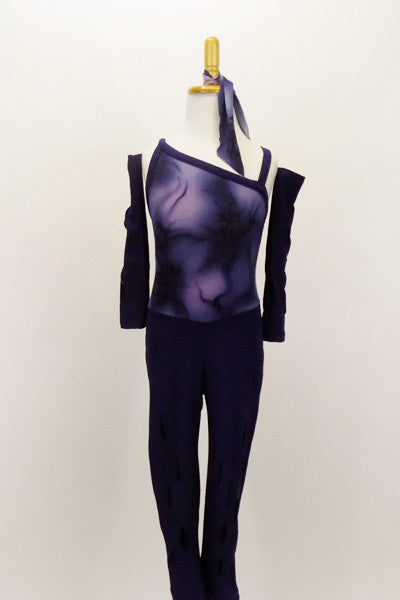 Blue & purple hues combine in asymmetrical unitard. The pants have laser cut tears, as do the pull-on gauntlets Comes with matching hair tie. Front