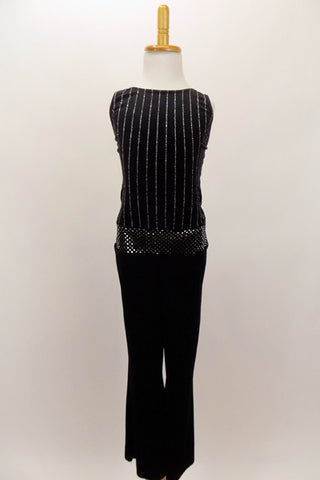 Black unitard has silver pin-stripe bodice with bandeau back & suspender straps. Bottom is a black straight leg pant with sequined hip belt. Comes with fedora. Front