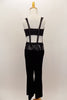 Black unitard has silver pin-stripe bodice with bandeau back & suspender straps. Bottom is a black straight leg pant with sequined hip belt. Comes with fedora. Back