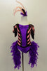 Pink & black chevron stripe off-shoulder leotard has purple bodice with sequin piping black fringe drop sleeves & feather boa. Comes with striped leggings & feather hair accessory. Front