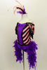 Pink & black chevron stripe off-shoulder leotard has purple bodice with sequin piping black fringe drop sleeves & feather boa. Comes with striped leggings & feather hair accessory. Side