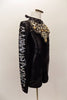 Long sleeved black biketard has high collar, low open back with 3 straps& crystals. Sleeves have silver zig-zag pattern and large jeweled bib. Has hair clip. Side