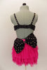 Costume is a  pink layered mesh skirt with crystal covered waistband & large black crystal covered bow at back. Beaded black bra has crystal brooch & appliques. Comes with fancy headband. Back