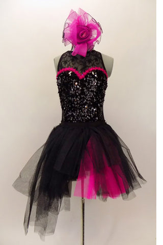  Costume has a black leotard base with lace back & upper & sequined front. Sweetheart neckline has hot-pink accent. BLack pull-on-tulle skirt has pink accent. Comes with large pink hair accessory. Front