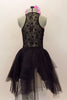  Costume has a black leotard base with lace back & upper & sequined front. Sweetheart neckline has hot-pink accent. BLack pull-on-tulle skirt has pink accent. Comes with large pink hair accessory. Back