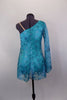 Single shoulder tunic dress has built in leotard & embroidered turquoise daisy flower lace with crystal accents in flower centers. Comes with hair accessory. Back