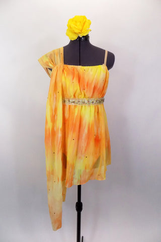 Yellow & orange single shoulder chiffon dress has gold crystals & an empire waist with gathered chiffon shoulder. Comes with gold beaded belt & floral hair accessory. Front