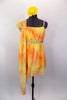 Yellow & orange single shoulder chiffon dress has gold crystals & an empire waist with gathered chiffon shoulder. Comes with gold beaded belt & floral hair accessory. Front