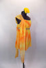 Yellow & orange single shoulder chiffon dress has gold crystals & an empire waist with gathered chiffon shoulder. Comes with gold beaded belt & floral hair accessory. Right side