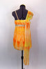 Yellow & orange single shoulder chiffon dress has gold crystals & an empire waist with gathered chiffon shoulder. Comes with gold beaded belt & floral hair accessory. Back