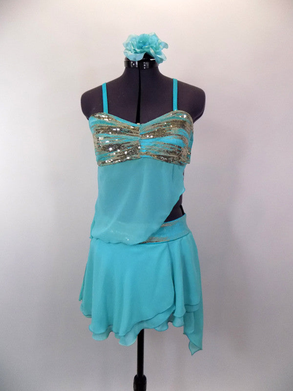 Aqua chiffon costume has silver sequins on bust of open sided baby-doll top. Skirt has layers of aqua chiffon over briefs. Comes with floral hair accessory. Front