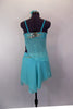 Aqua chiffon costume has silver sequins on bust of open sided baby-doll top. Skirt has layers of aqua chiffon over briefs. Comes with floral hair accessory. Back