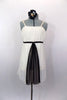 Ivory knee length chiffon dress has empire waist with gathered pleat bust. Has black velvet piping with amber crystals and long black center kerchief accent. Comes with hair accessory. Front