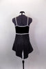 Black velvet camisole leotard has empire waist, white piping with open front tailcoat pin-stripe bustle & white crystaled faux tie. Comes with black hat. Back