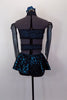 Teal and black sparkle top is a wrap-around bra with halter neck. Has black briefs, matching gauntlets and a teal and black swirled pull on mini hip skirt. Comes with floral hair accessory. Back