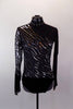 Sheer mesh long sleeved high neck leotard has solid black bottom & wavy angled silver sequined striped pattern on torso. Comes with crystal hair accessory. Front