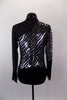 Sheer mesh long sleeved high neck leotard has solid black bottom & wavy angled silver sequined striped pattern on torso. Comes with crystal hair accessory. Back