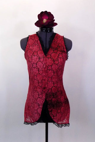 Sheer sparkle lace red tunic dress has V-neck & high front slit. Dress has black accent ruffle, black bra & briefs to go beneath. Comes with floral hair accessory. Front