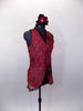 Sheer sparkle lace red tunic dress has V-neck & high front slit. Dress has black accent ruffle, black bra & briefs to go beneath. Has floral hair accessory. Side