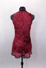 Sheer sparkle lace red tunic dress has V-neck & high front slit. Dress has black accent ruffle, black bra & briefs to go beneath. Has floral hair accessory. Back