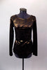 Copper and black metallic long sleeved tunic top has round neck & open back joined by a wide horizontal band. Comes with black briefs & metallic hair accessory. Front
