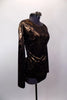 Copper and black metallic long sleeved tunic top has round neck & open back joined by a wide horizontal band. Comes with black briefs & metallic hair accessory. Side