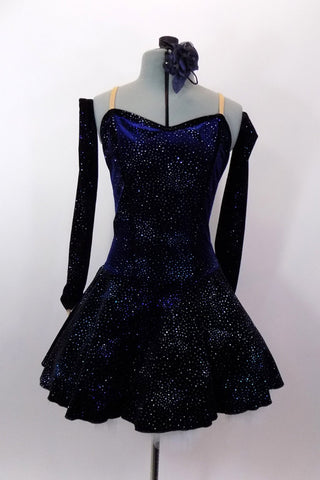 Blue sparkle velvet camisole dress has nude straps & lace-up corset back. Skirt has layers of white tulle petticoat. Comes with long gauntlets & hair accessory. Front
