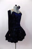 Blue sparkle velvet camisole dress has nude straps & lace-up corset back. Skirt has layers of white tulle petticoat. Comes with long gauntlets & hair accessory. Right side