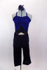 Blue glitter camisole half top has cross back straps, black fringe accent & nude center mesh insert. Comes matching black capri pants and hair accessory. Front