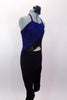 Blue glitter camisole half top has cross back straps, black fringe accent & nude center mesh insert. Comes matching black capri pants and hair accessory. Side