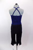 Blue glitter camisole half top has cross back straps, black fringe accent & nude center mesh insert. Comes matching black capri pants and hair accessory. Back