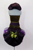 Costume has olive velvet vest-top with mesh halter neck & plum satin Elizabethan collar. Matching high-leg brief has elastic ruffle & plum bustle with black & purple tulle & green bow. Comes with purple floral hair accessory. Back