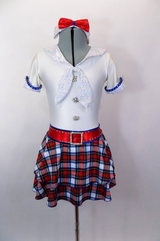 White schoolgirl style kilt dress has neck-tie collar, red crystal accent belt, blue piping & large crystal-jeweled buttons.Comes with bow hair accessory. Front