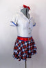 White schoolgirl style kilt dress has neck-tie collar, red crystal accent belt, blue piping & large crystal-jeweled buttons.Comes with bow hair accessory. Side