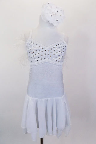 White sparkle leotard dress has layered chiffon skirt & crystal covered bust area. Shoulders are lined with white down feathers.  Comes with hair accessory. Front