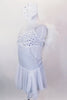 White sparkle leotard dress has layered chiffon skirt & crystal covered bust area. Shoulders are lined with white down feathers.  Comes with hair accessory. Side
