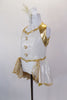 Gold & pearl white leotard dress has crystal covered halter collar, large pearl buttons & an open front bustle skirt with golden lace. Comes with hair accessory. Side