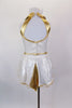 Gold & pearl white leotard dress has crystal covered halter collar, large pearl buttons & an open front bustle skirt with golden lace. Comes with hair accessory. Back