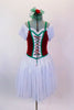 White ballet dress has pouf sleeves, sheen chiffon skirt over white tulle & red velvet vest bodice with green piping & lace-up front design. Has hair accessory. Front