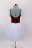 White ballet dress has pouf sleeves, sheen chiffon skirt over white tulle & red velvet vest bodice with green piping & lace-up front design. Has hair accessory. Back