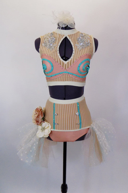 Crystaled costume in pastel hues of cream rose & aqua has high waisted briefs with tulle bustle & large silk flowers. Matching pastel top has sequined accents and aqua swirls. has floral hair accessory. Front