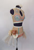 Crystaled costume in pastel hues of cream rose & aqua has high waisted briefs with tulle bustle & large silk flowers. Matching pastel top has sequined accents and aqua swirls. has floral hair accessory. Right side
