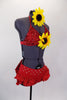 Two piece red costume has beaded triangle bra-top with large center sunflower. Ruffled brief has crystaled waistband & large back bow. Has sunflower hair piece. Right side