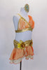 2-piece costume in shades of gold, cream & orange has wide gold appliqued waistband, chiffon skirt & attached briefs. Bra has gold braiding & chiffon overlay. Comes with crystaled hair accessory. Right side